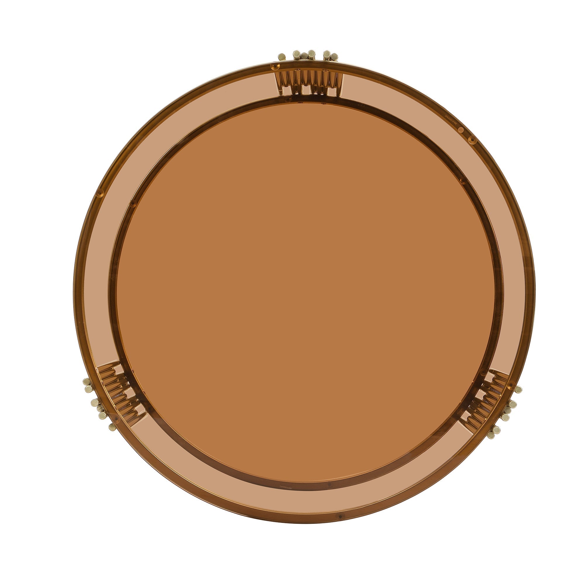 Modern Brown Glass Coffee Table, Asymmetrical Metal, Circular Metal Drum Base, Gold Finish & Lower Shelf