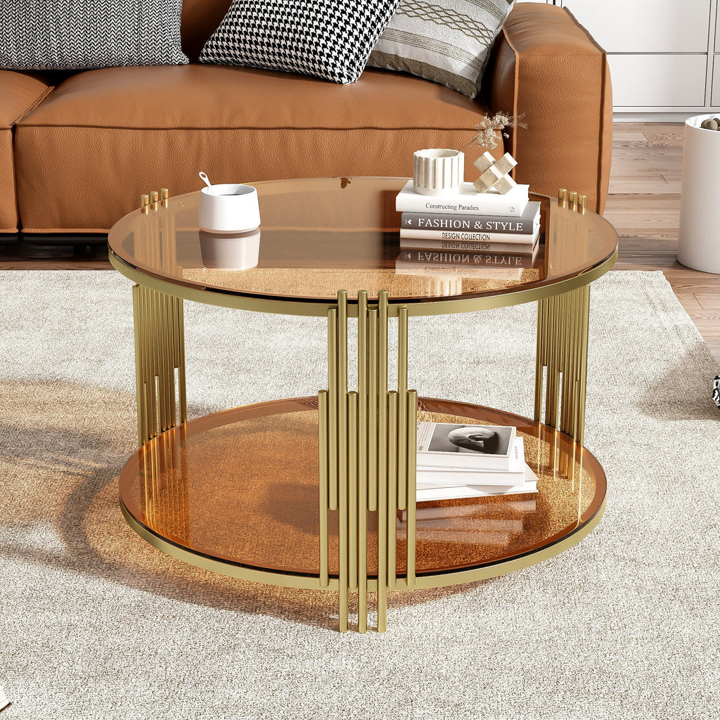 Modern Brown Glass Coffee Table, Asymmetrical Metal, Circular Metal Drum Base, Gold Finish & Lower Shelf