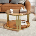Modern Brown Glass Coffee Table, Asymmetrical Metal, Circular Metal Drum Base, Gold Finish & Lower Shelf