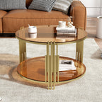 Modern Brown Glass Coffee Table, Asymmetrical Metal, Circular Metal Drum Base, Gold Finish & Lower Shelf