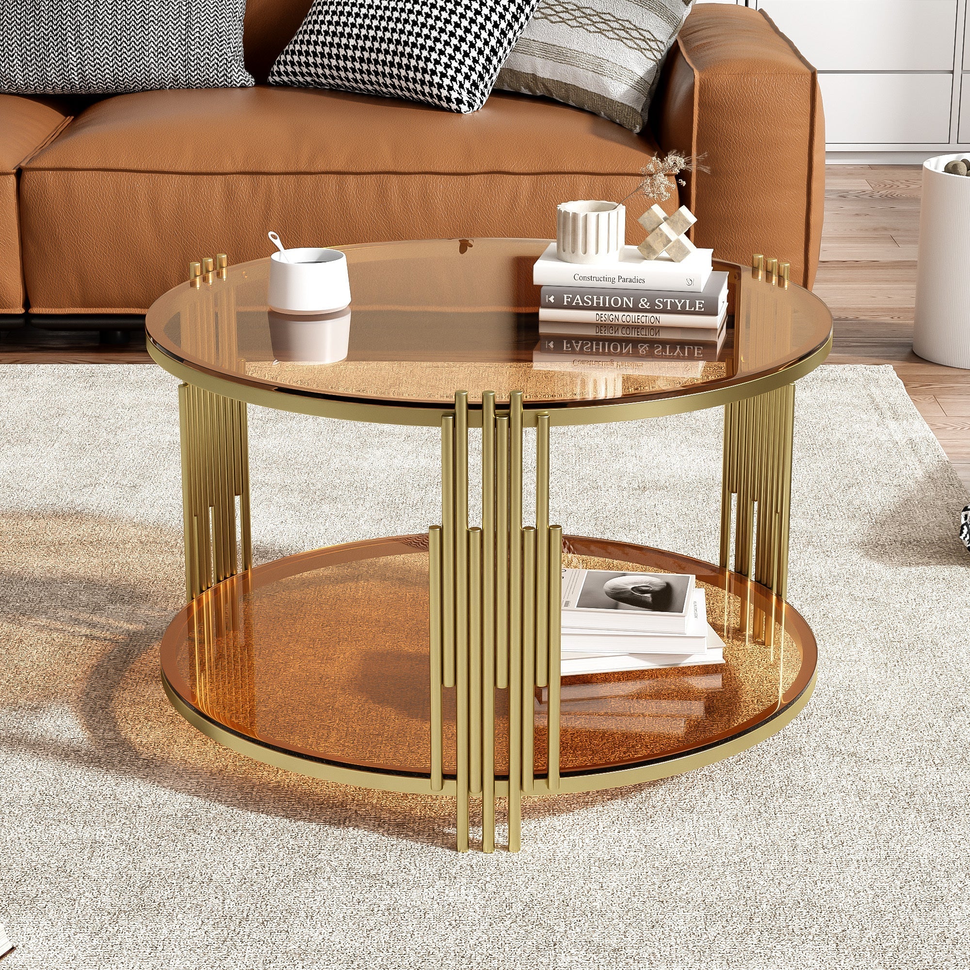 Modern Brown Glass Coffee Table, Asymmetrical Metal, Circular Metal Drum Base, Gold Finish & Lower Shelf