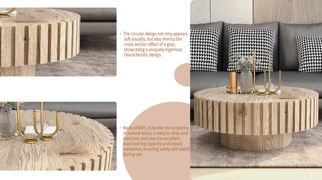 Modern minimalist circular coffee table 31.4'' with natural wood texture, stable and durable, enhancing spatial aesthetics suitable for living rooms, study rooms and offices.