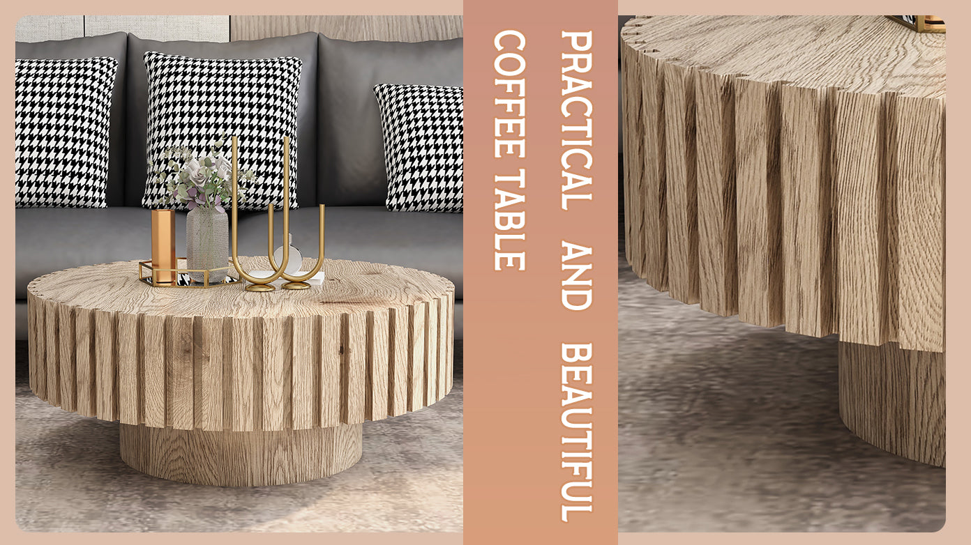 Modern minimalist circular coffee table 31.4'' with natural wood texture, stable and durable, enhancing spatial aesthetics suitable for living rooms, study rooms and offices.