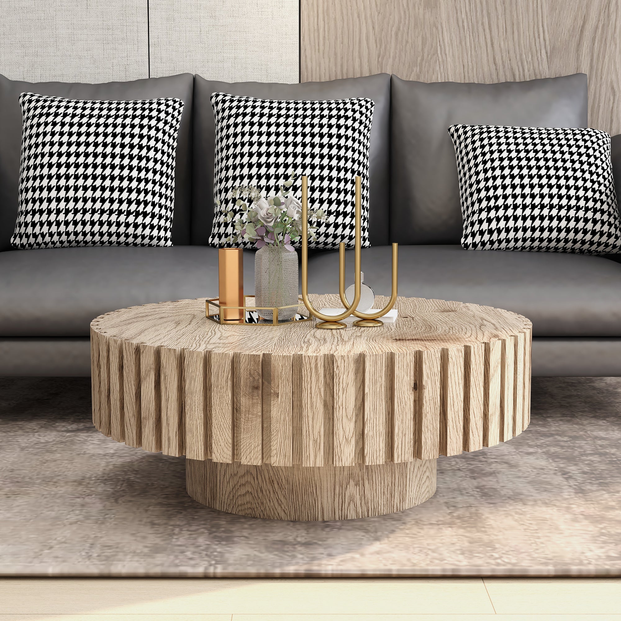Modern minimalist circular coffee table 31.4'' with natural wood texture, stable and durable, enhancing spatial aesthetics suitable for living rooms, study rooms and offices.
