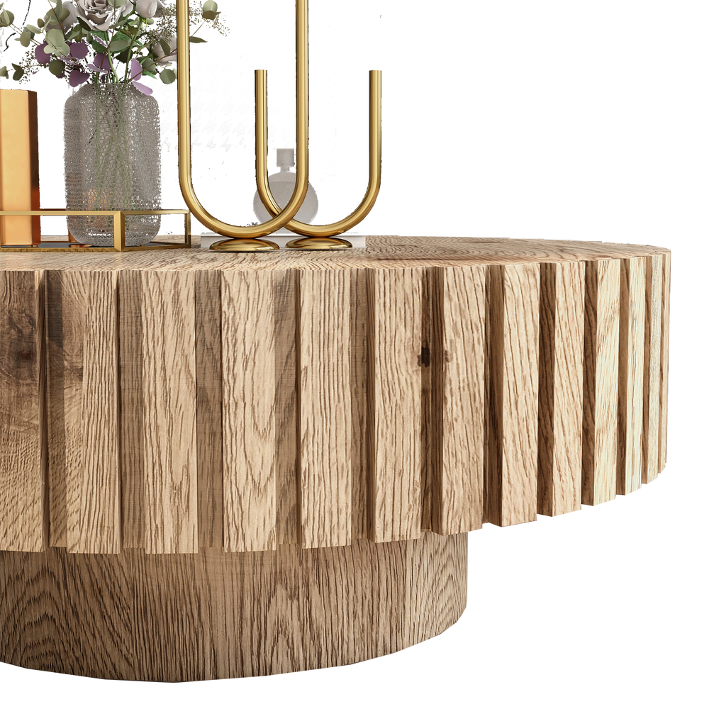 Modern minimalist circular coffee table 31.4'' with natural wood texture, stable and durable, enhancing spatial aesthetics suitable for living rooms, study rooms and offices.