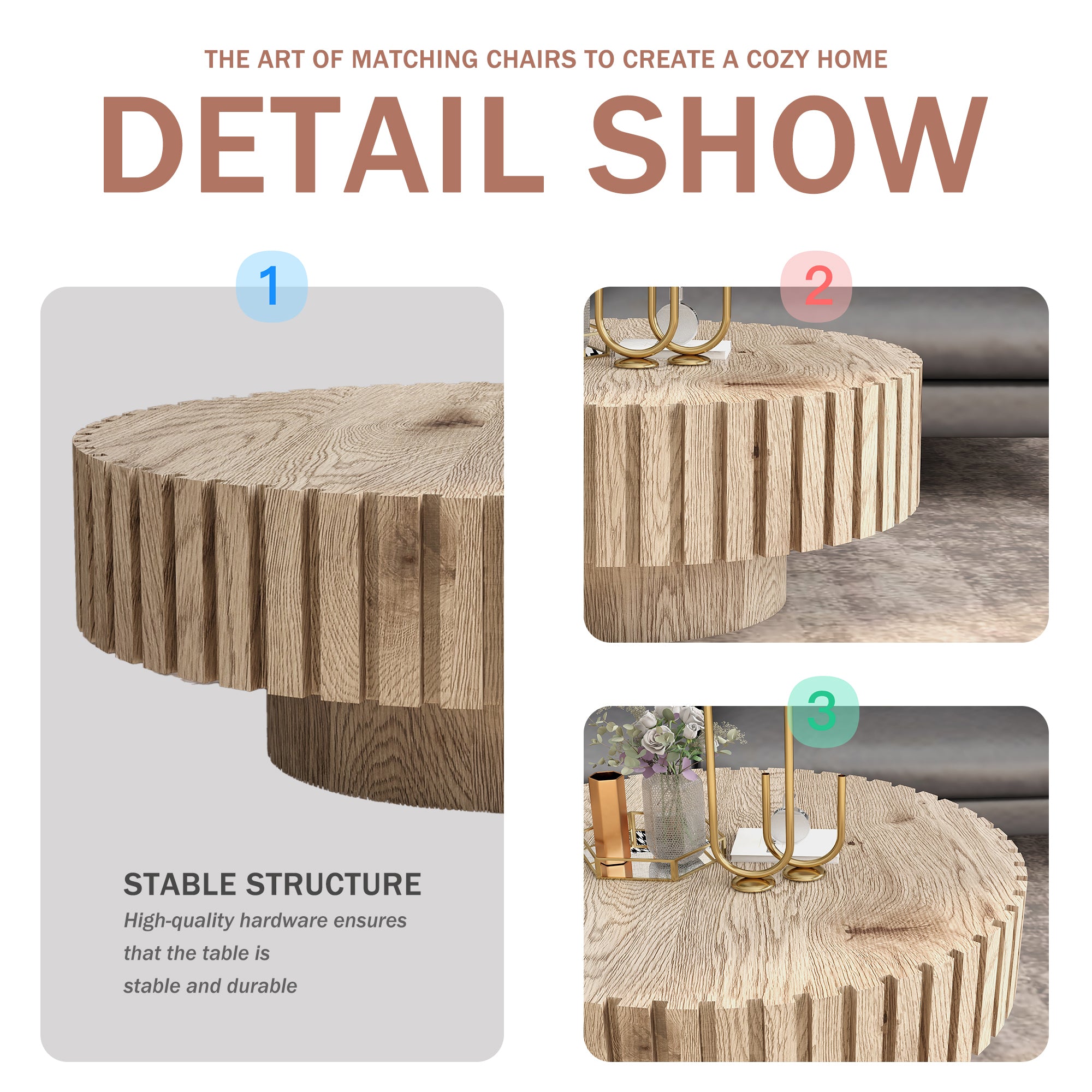 Modern minimalist circular coffee table 31.4'' with natural wood texture, stable and durable, enhancing spatial aesthetics suitable for living rooms, study rooms and offices.