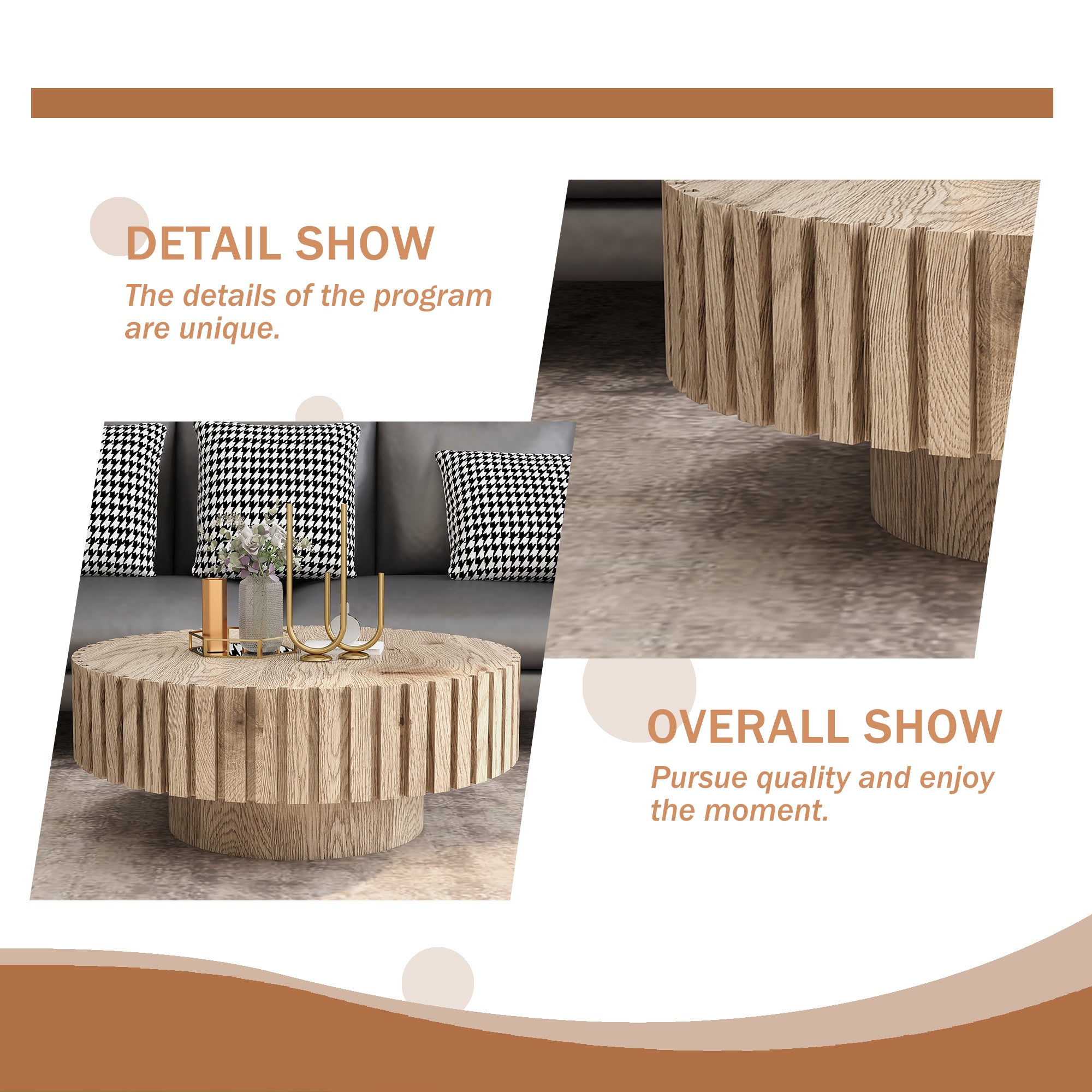 Modern minimalist circular coffee table 31.4'' with natural wood texture, stable and durable, enhancing spatial aesthetics suitable for living rooms, study rooms and offices.