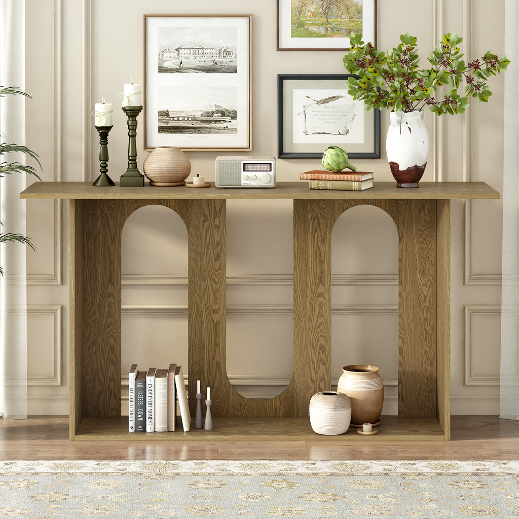 U_STYLE Modern and Curved Design Ash Veneer Console Table with Shelf,Suitable for Entryway,Hallway Living Room,Foyer,Corridor