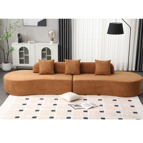 Elegant Modern Curved Sofa with Terrycloth Upholstery, Brown.