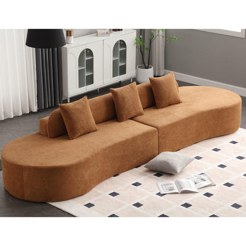 Elegant Modern Curved Sofa with Terrycloth Upholstery, Brown.