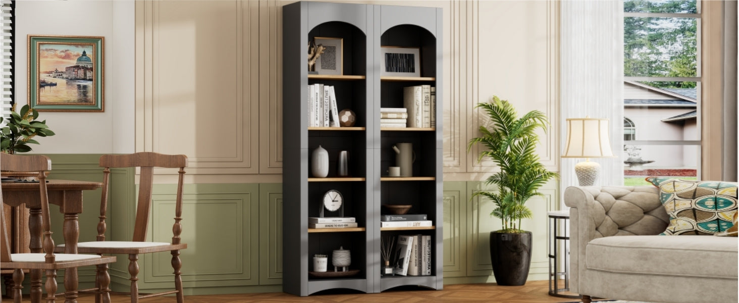 ON-TREND Free Standing 5 Tier Bookshelves, Bookcases Set of 2, Farmhouse Two-Tone Storage Cabinet with Adjustable Shelves, Modern 72'H Kitchen Pantry Cabinet for Living Room, Home Office, Grey