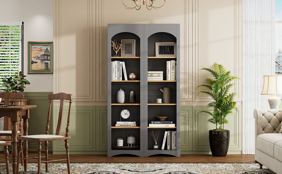 ON-TREND Free Standing 5 Tier Bookshelves, Bookcases Set of 2, Farmhouse Two-Tone Storage Cabinet with Adjustable Shelves, Modern 72'H Kitchen Pantry Cabinet for Living Room, Home Office, Grey