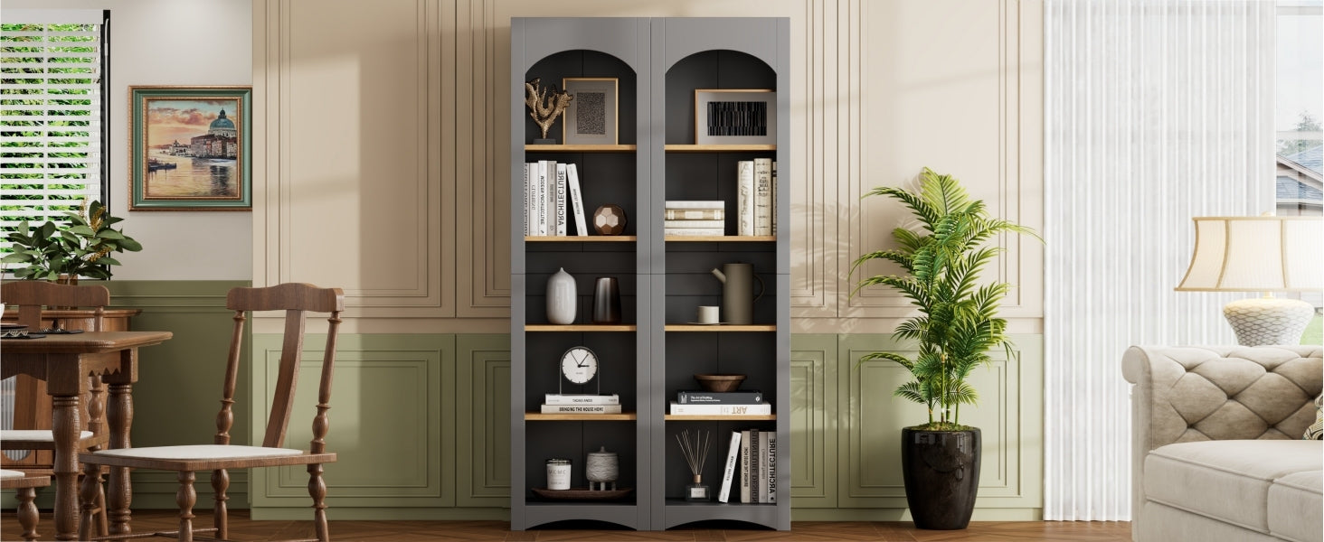 ON-TREND Free Standing 5 Tier Bookshelves, Bookcases Set of 2, Farmhouse Two-Tone Storage Cabinet with Adjustable Shelves, Modern 72'H Kitchen Pantry Cabinet for Living Room, Home Office, Grey