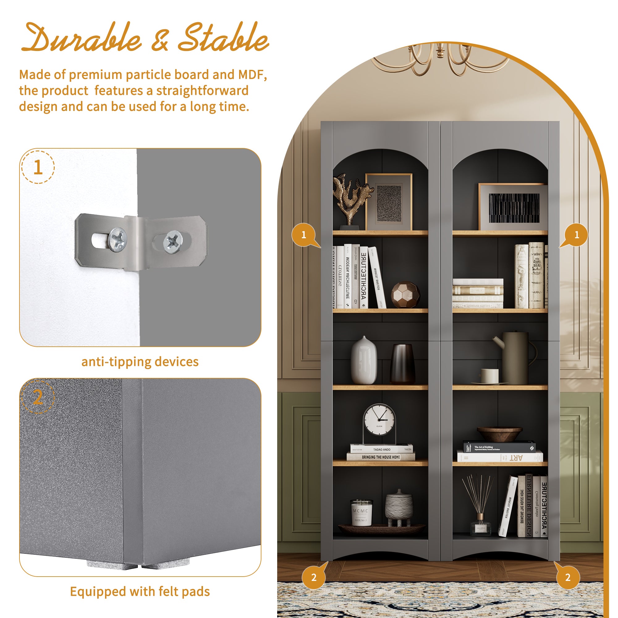 ON-TREND Free Standing 5 Tier Bookshelves, Bookcases Set of 2, Farmhouse Two-Tone Storage Cabinet with Adjustable Shelves, Modern 72'H Kitchen Pantry Cabinet for Living Room, Home Office, Grey