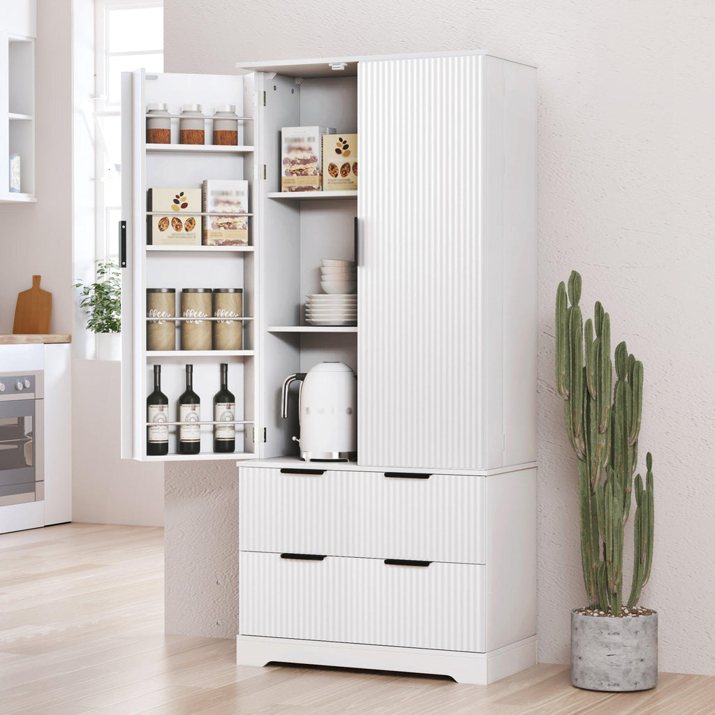 Elegant Modern Fluted White Pantry Cabinet 72-Inch.