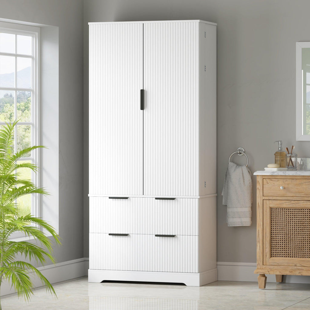 72' Modern Fluted Kitchen Pantry Cabinet with 2 Large Drawers & 8-Door Spice Rack, Freestanding Storage Organizer for Bathroom, Dining Room, Office, Entryway, White