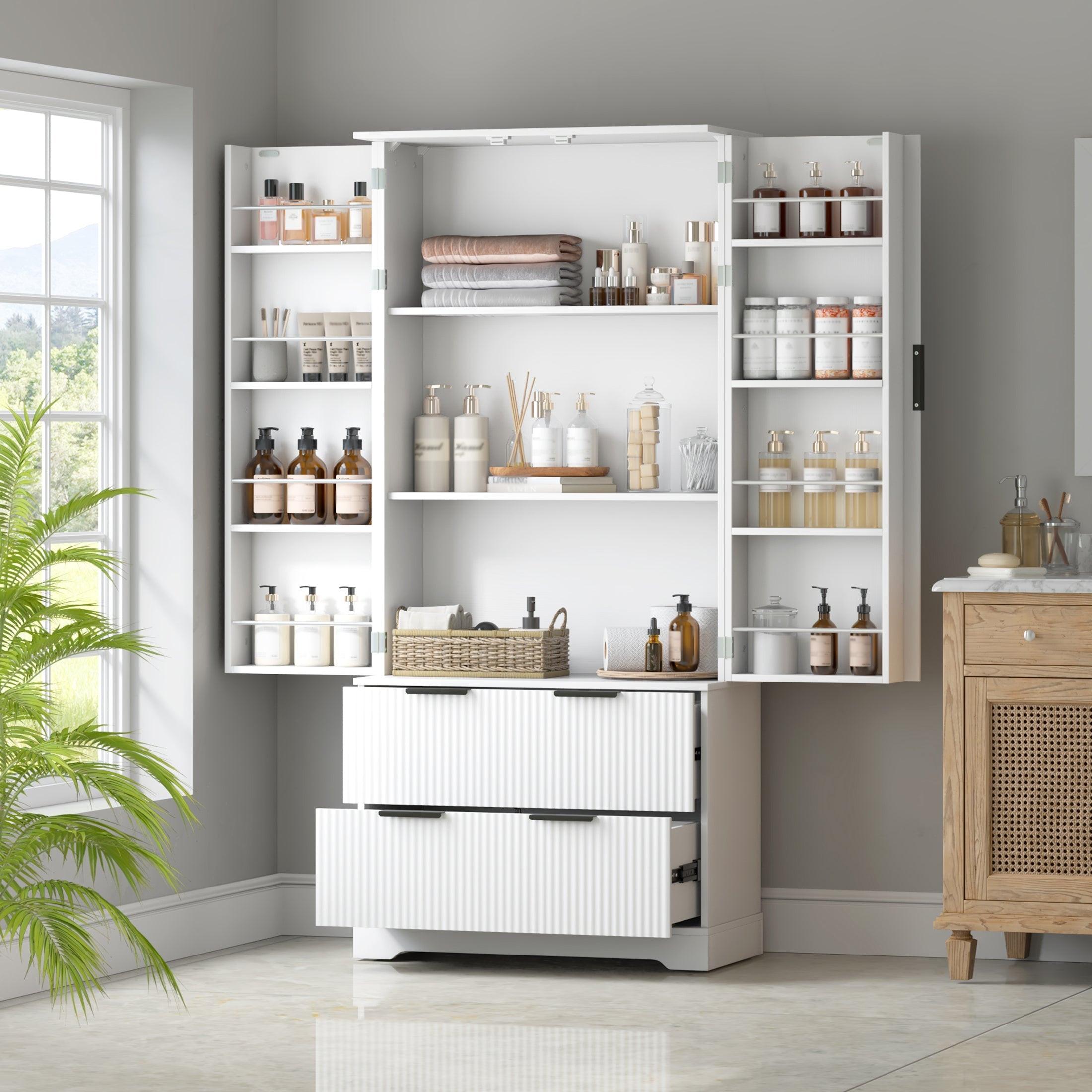 72' Modern Fluted Kitchen Pantry Cabinet with 2 Large Drawers & 8-Door Spice Rack, Freestanding Storage Organizer for Bathroom, Dining Room, Office, Entryway, White