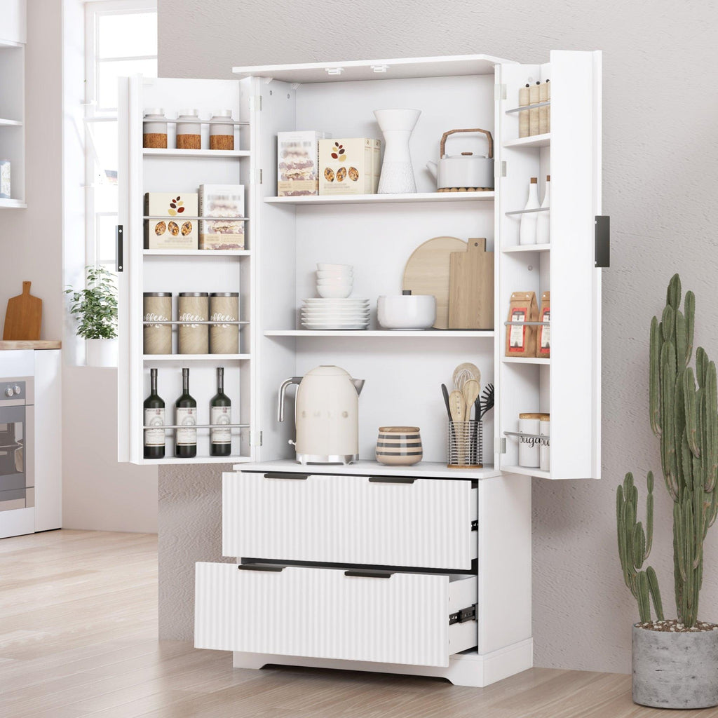 Elegant Modern Fluted White Pantry Cabinet 72-Inch.
