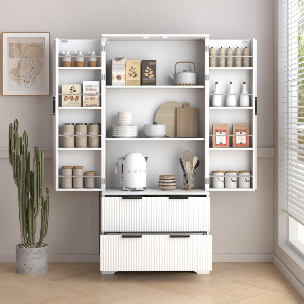 Elegant Modern Fluted White Pantry Cabinet 72-Inch.