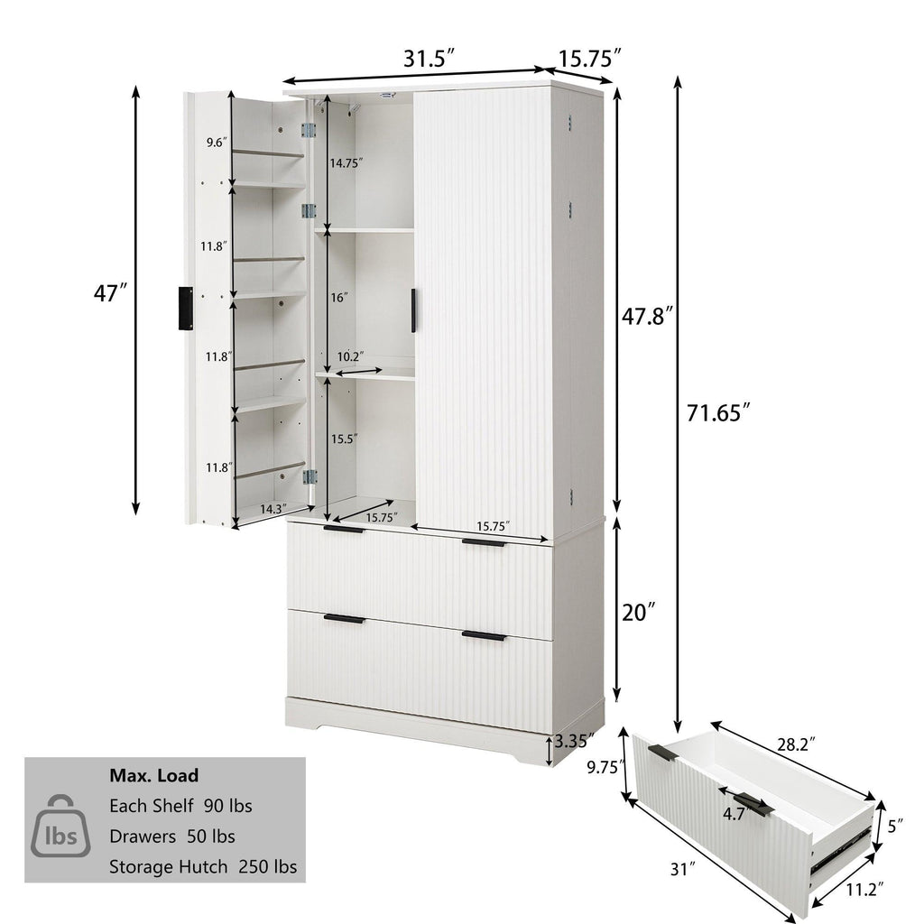 Elegant Modern Fluted White Pantry Cabinet 72-Inch.