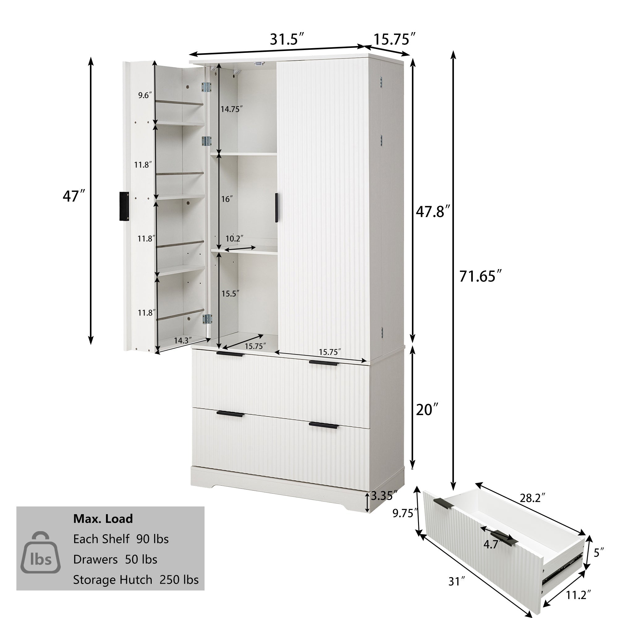 72' Modern Fluted Kitchen Pantry Cabinet with 2 Large Drawers & 8-Door Spice Rack, Freestanding Storage Organizer for Bathroom, Dining Room, Office, Entryway, White