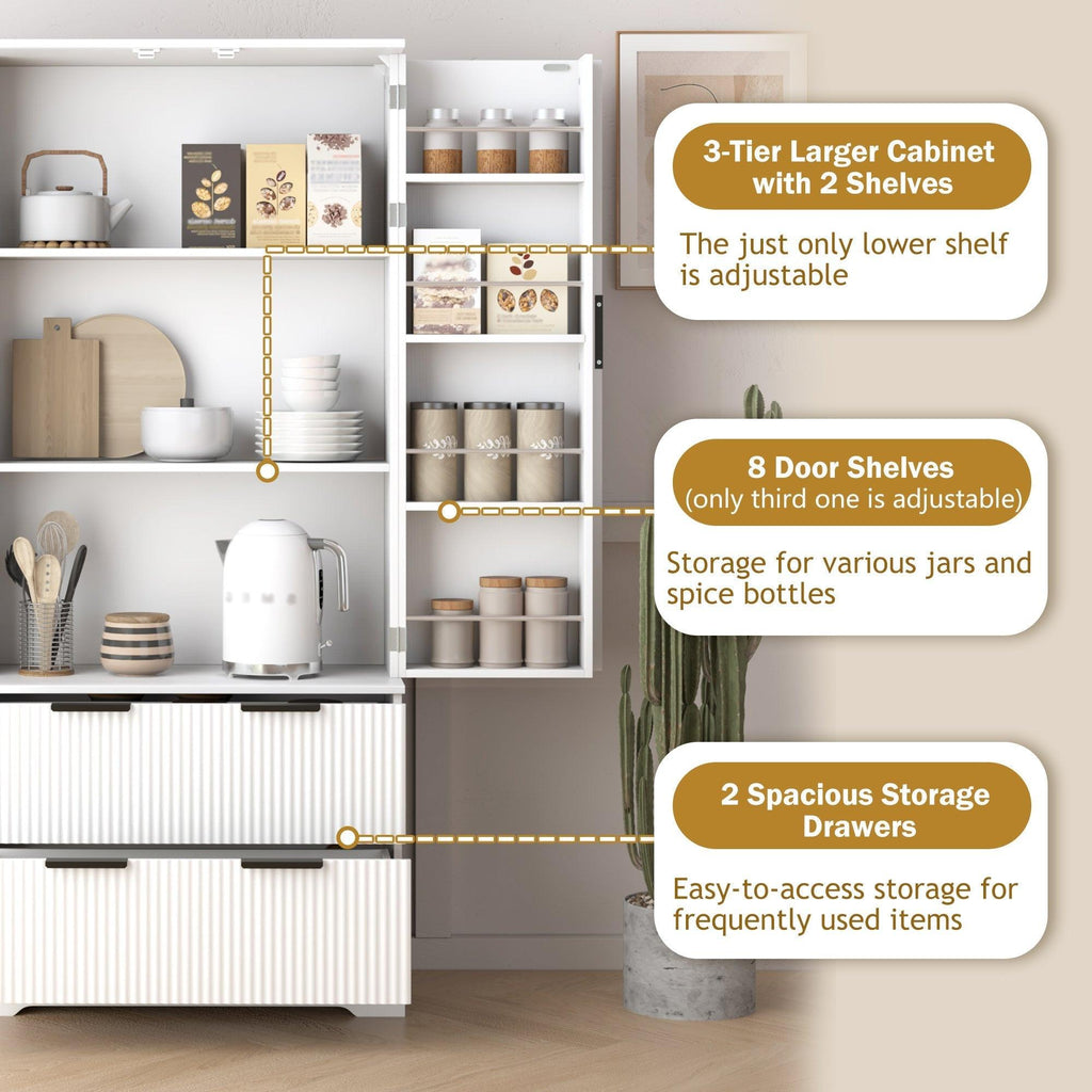 Elegant Modern Fluted White Pantry Cabinet 72-Inch.