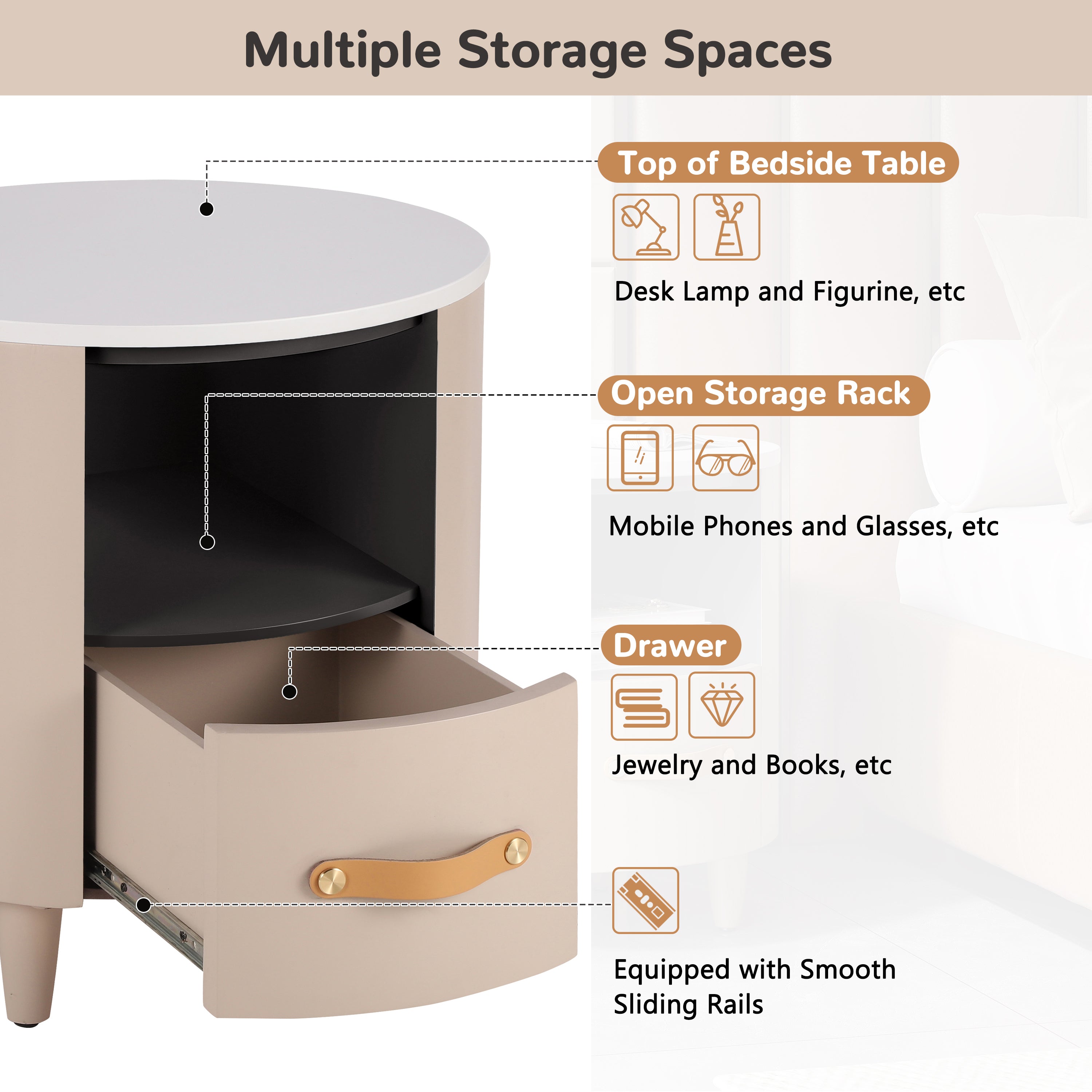 Contemporary & Modern Round Nightstand with Storage Drawer, Sofa End Table with Open Storage Shelf, Bedside Table with Curved Design for Living Room & Bedroom, Easy Assembly, Khaki Nightstands