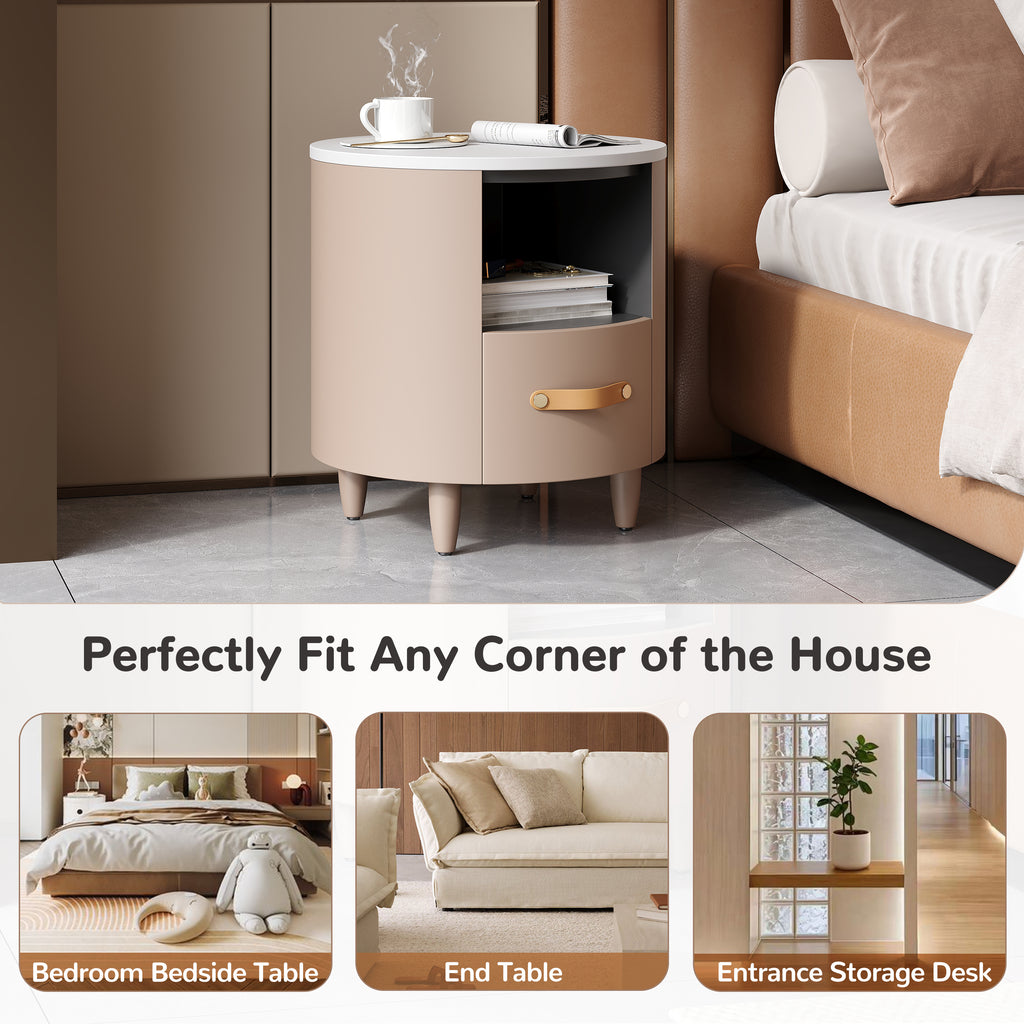 Contemporary & Modern Round Nightstand with Storage Drawer, Sofa End Table with Open Storage Shelf, Bedside Table with Curved Design for Living Room & Bedroom, Easy Assembly, Khaki Nightstands