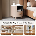Contemporary & Modern Round Nightstand with Storage Drawer, Sofa End Table with Open Storage Shelf, Bedside Table with Curved Design for Living Room & Bedroom, Easy Assembly, Khaki Nightstands