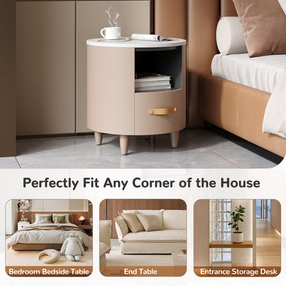Contemporary & Modern Round Nightstand with Storage Drawer, Sofa End Table with Open Storage Shelf, Bedside Table with Curved Design for Living Room & Bedroom, Easy Assembly, Khaki Nightstands