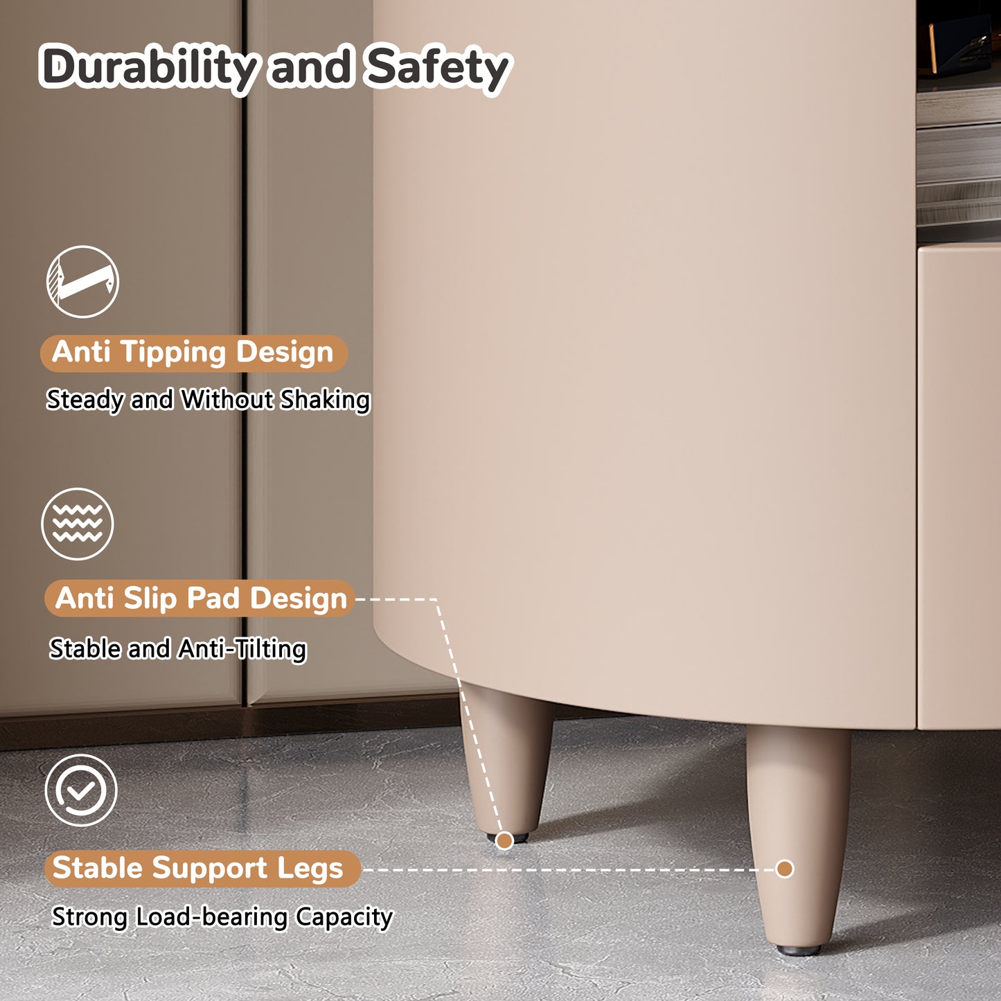 Contemporary & Modern Round Nightstand with Storage Drawer, Sofa End Table with Open Storage Shelf, Bedside Table with Curved Design for Living Room & Bedroom, Easy Assembly, Khaki Nightstands