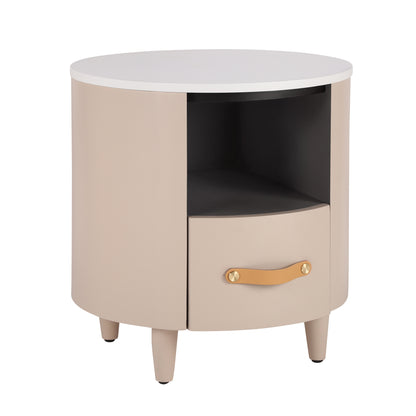 Contemporary & Modern Round Nightstand with Storage Drawer, Sofa End Table with Open Storage Shelf, Bedside Table with Curved Design for Living Room & Bedroom, Easy Assembly, Khaki Nightstands