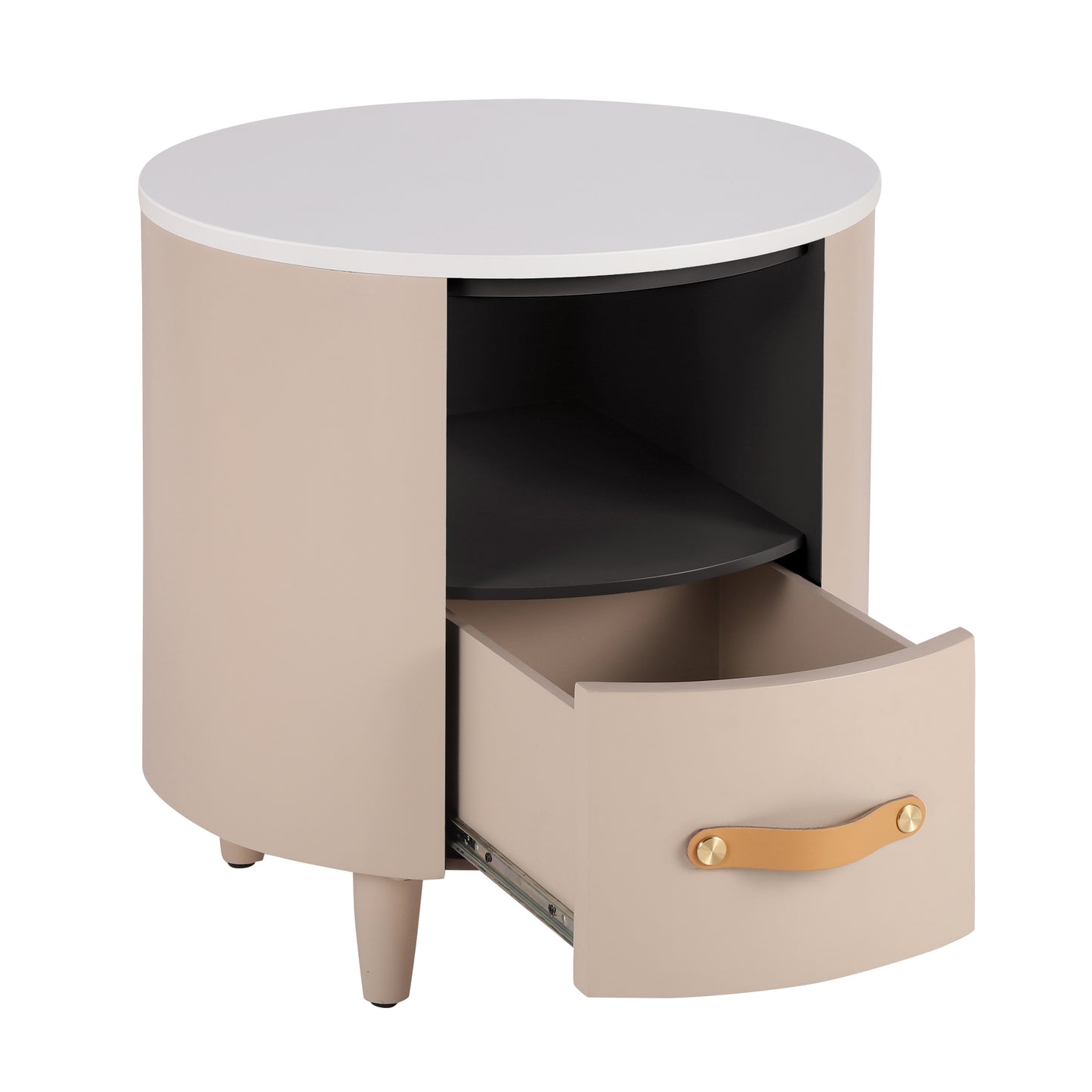 Contemporary & Modern Round Nightstand with Storage Drawer, Sofa End Table with Open Storage Shelf, Bedside Table with Curved Design for Living Room & Bedroom, Easy Assembly, Khaki Nightstands