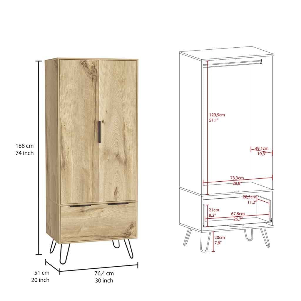 Augusta Armoire Closet, One Drawer, Double Door Cabinet -Light Oak