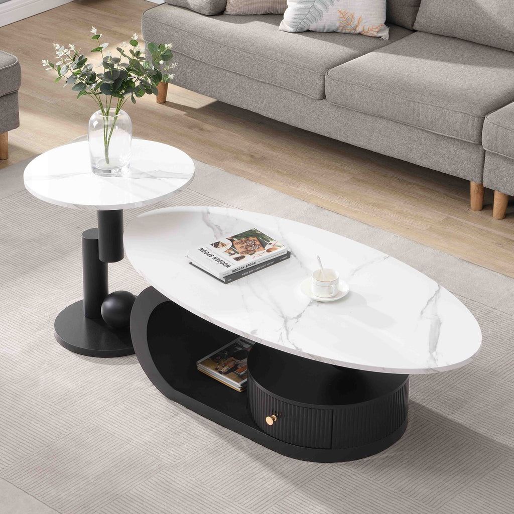 Modern Nesting Coffee Table Set of 2 End Table for Living Room, Oval and Round Table Set