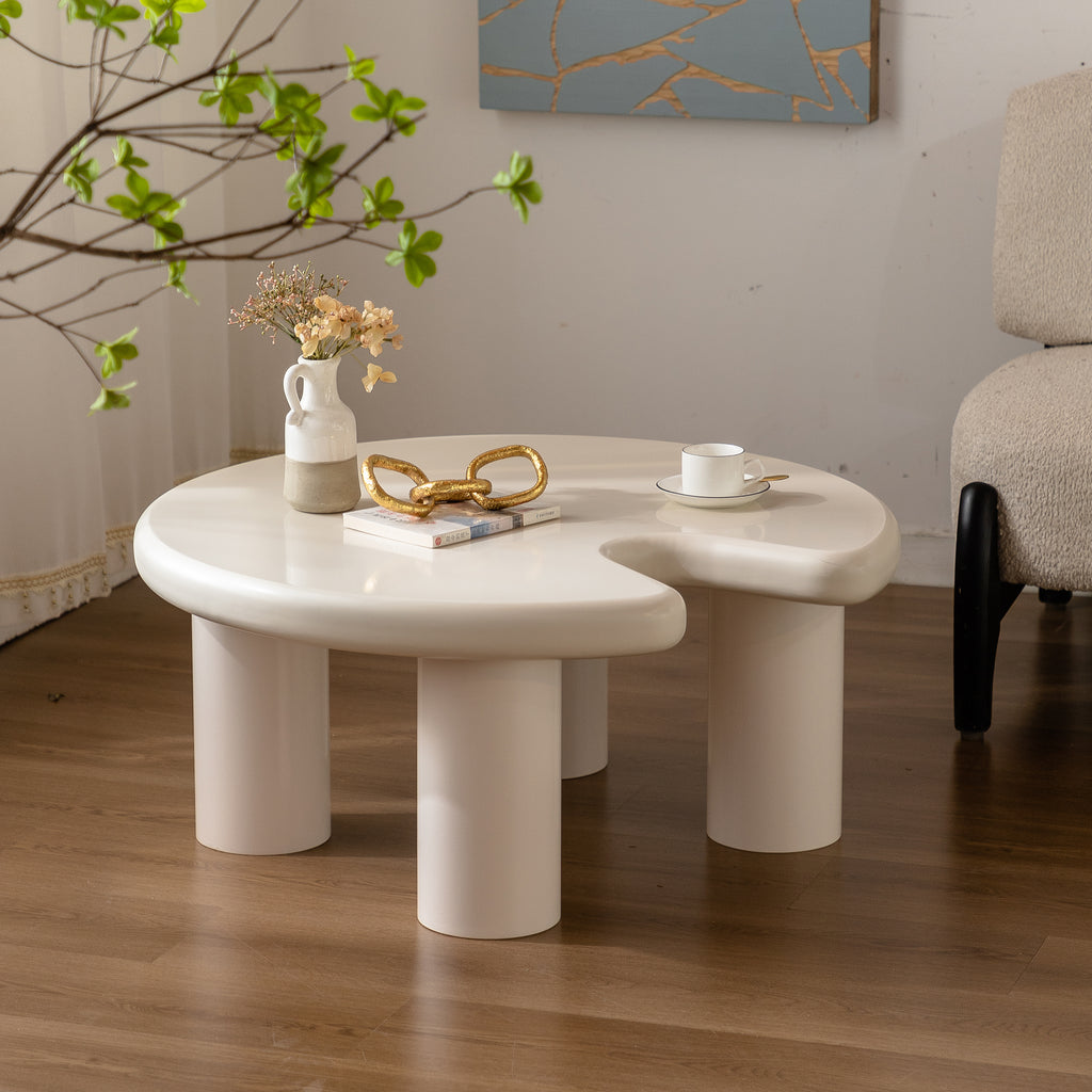 Circular Beige Cream Coffee Table Set Easy Assembly for Living Room