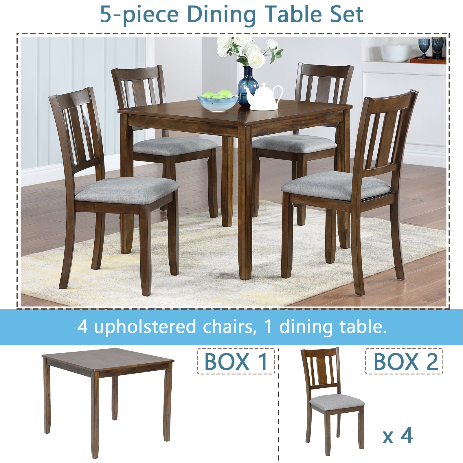 Elegant 5-piece Wooden Dining Table Set with 4 Chairs, Dining Table Set for 4 People, Modern 4 Person Dining Table Set for Living Room, Kitchen and Dining Room, Walnut Dining Table Set