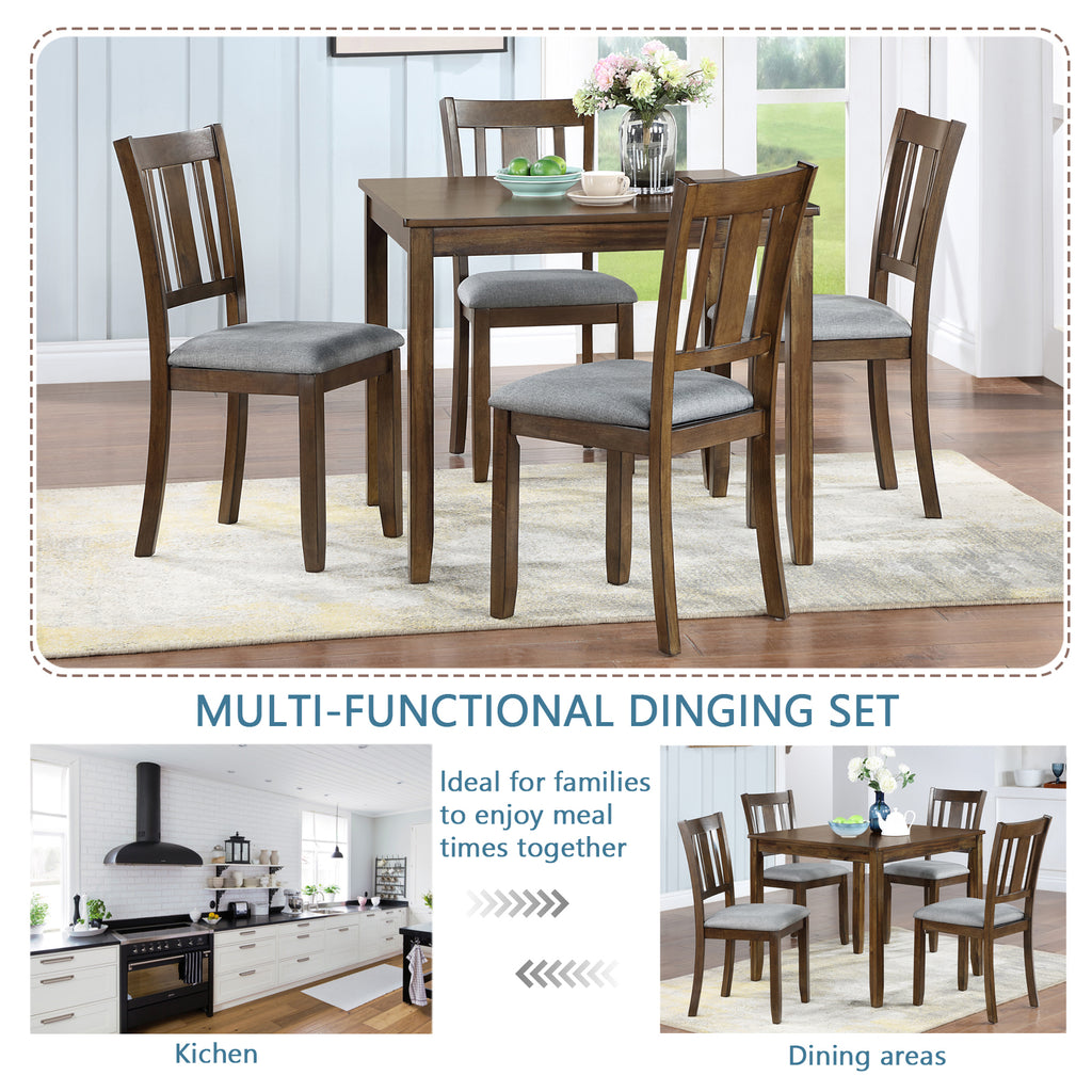 Elegant 5-piece Wooden Dining Table Set with 4 Chairs, Dining Table Set for 4 People, Modern 4 Person Dining Table Set for Living Room, Kitchen and Dining Room, Walnut Dining Table Set