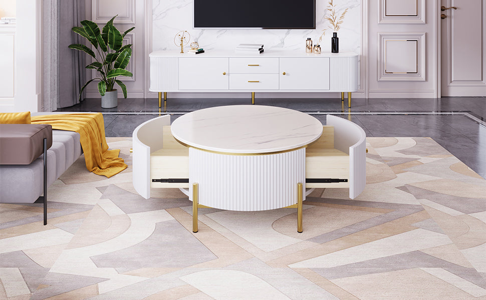 Modern Round Coffee Table with 2 large Drawers Storage Accent Table(31.5'')
