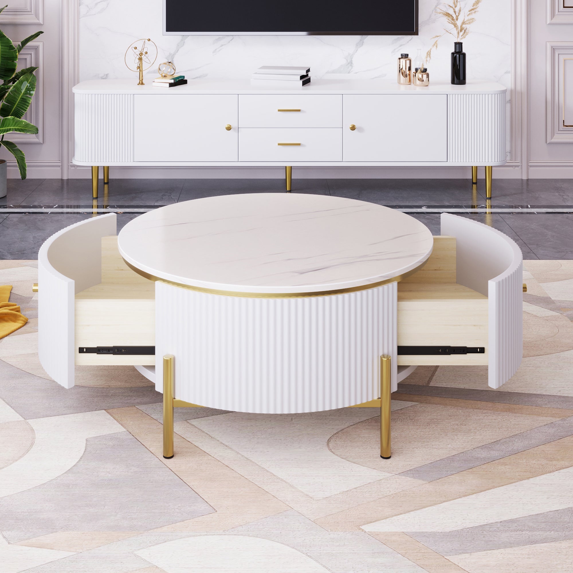 Modern Round Coffee Table with 2 large Drawers Storage Accent Table(31.5'')