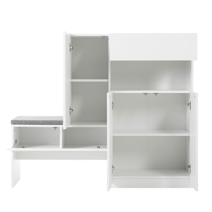 Elegant 2-in-1 Shoe Cabinets with Soft Cushion , Modern Narrow Storage Bench with Arched Doors & Rebound Devices, Versatile Shoe Rack Organizer with Adjustable Shelves for Hallway, Living Room, White