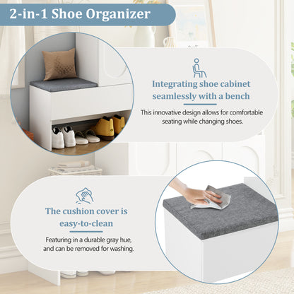 Elegant 2-in-1 Shoe Cabinets with Soft Cushion , Modern Narrow Storage Bench with Arched Doors & Rebound Devices, Versatile Shoe Rack Organizer with Adjustable Shelves for Hallway, Living Room, White