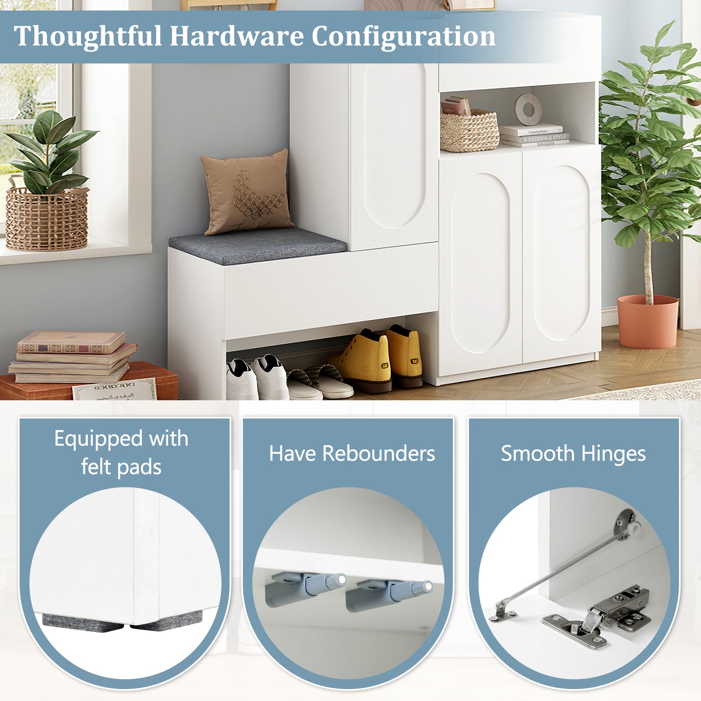 Elegant 2-in-1 Shoe Cabinets with Soft Cushion , Modern Narrow Storage Bench with Arched Doors & Rebound Devices, Versatile Shoe Rack Organizer with Adjustable Shelves for Hallway, Living Room, White