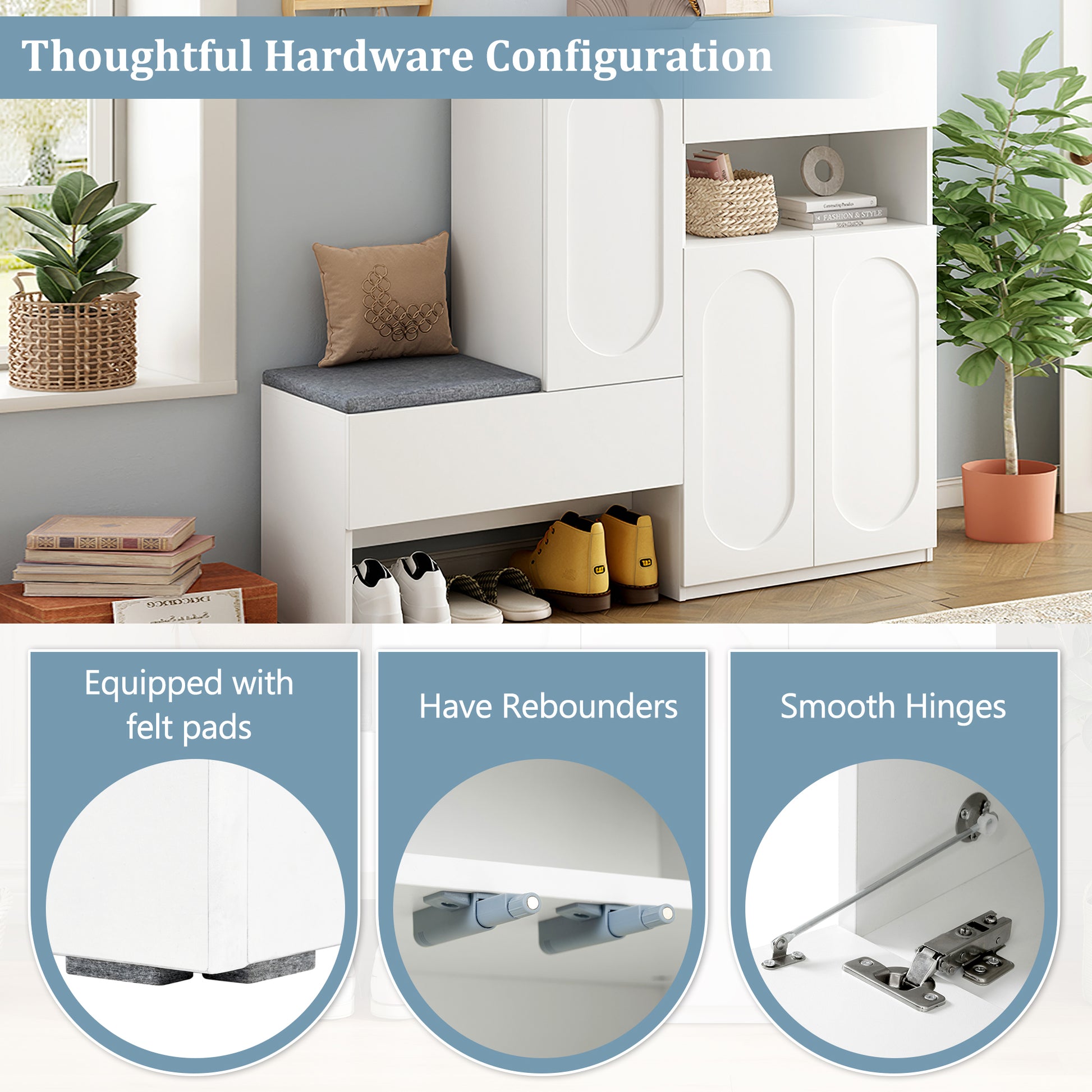 Elegant 2-in-1 Shoe Cabinets with Soft Cushion , Modern Narrow Storage Bench with Arched Doors & Rebound Devices, Versatile Shoe Rack Organizer with Adjustable Shelves for Hallway, Living Room, White