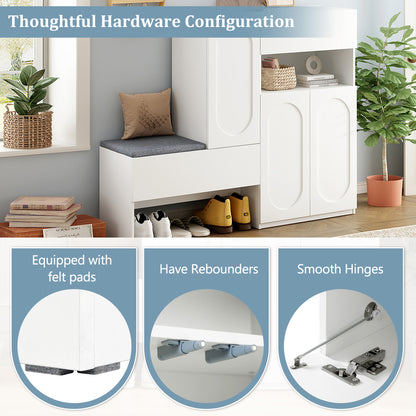 Elegant 2-in-1 Shoe Cabinets with Soft Cushion , Modern Narrow Storage Bench with Arched Doors & Rebound Devices, Versatile Shoe Rack Organizer with Adjustable Shelves for Hallway, Living Room, White