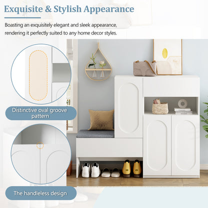 Elegant 2-in-1 Shoe Cabinets with Soft Cushion , Modern Narrow Storage Bench with Arched Doors & Rebound Devices, Versatile Shoe Rack Organizer with Adjustable Shelves for Hallway, Living Room, White