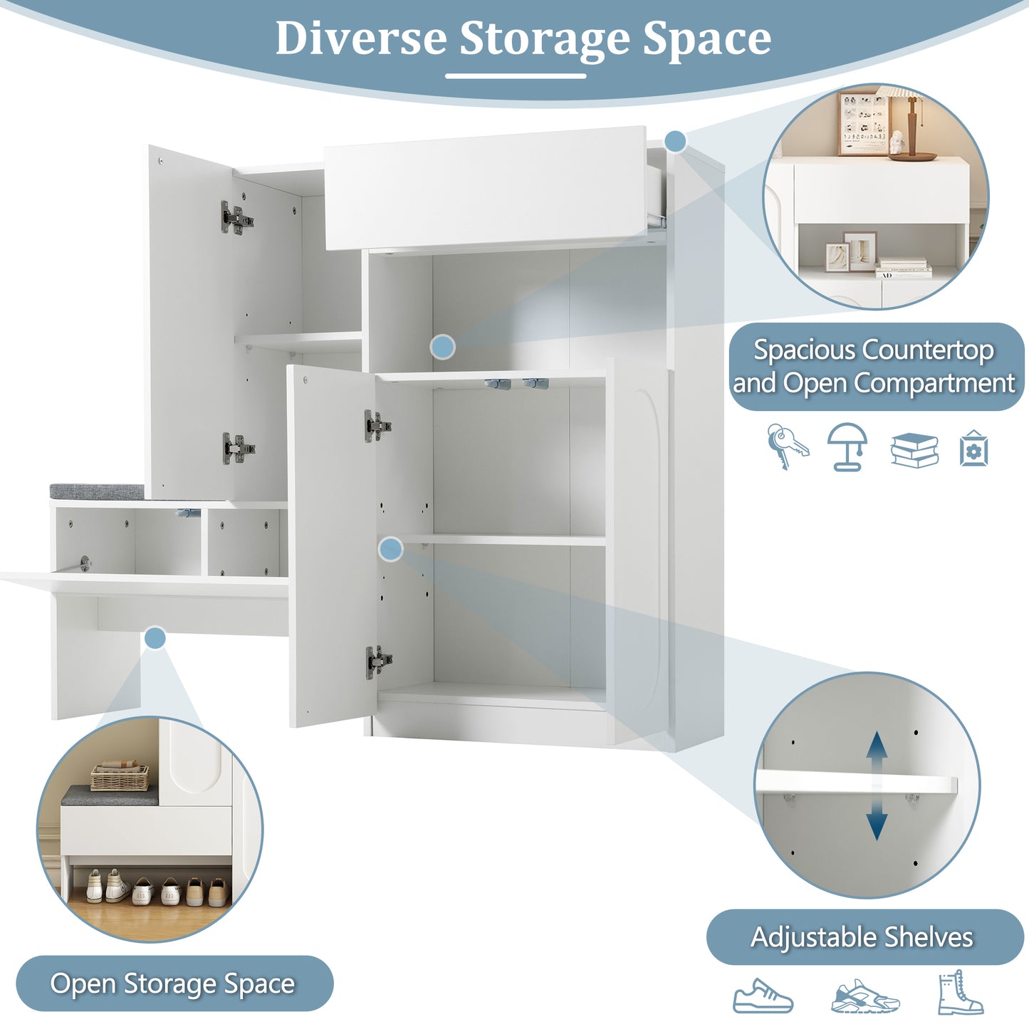 Elegant 2-in-1 Shoe Cabinets with Soft Cushion , Modern Narrow Storage Bench with Arched Doors & Rebound Devices, Versatile Shoe Rack Organizer with Adjustable Shelves for Hallway, Living Room, White