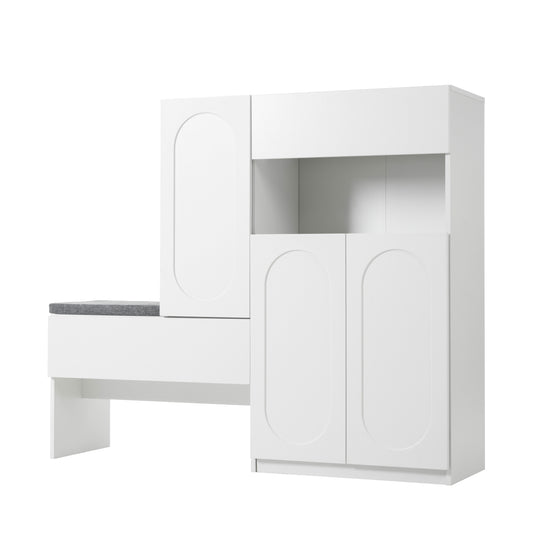 Elegant 2-in-1 Shoe Cabinets with Soft Cushion , Modern Narrow Storage Bench with Arched Doors & Rebound Devices, Versatile Shoe Rack Organizer with Adjustable Shelves for Hallway, Living Room, White
