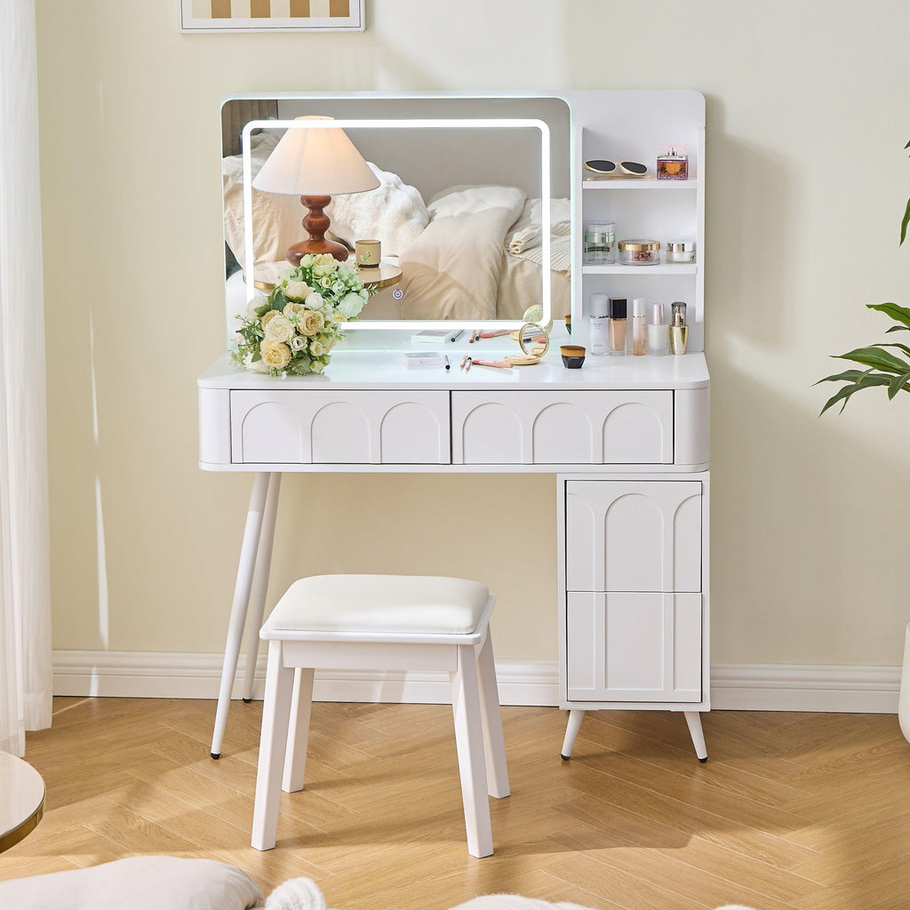 Elegant Modern White Vanity Desk with LED Mirror.