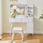 Elegant Modern White Vanity Desk with LED Mirror.